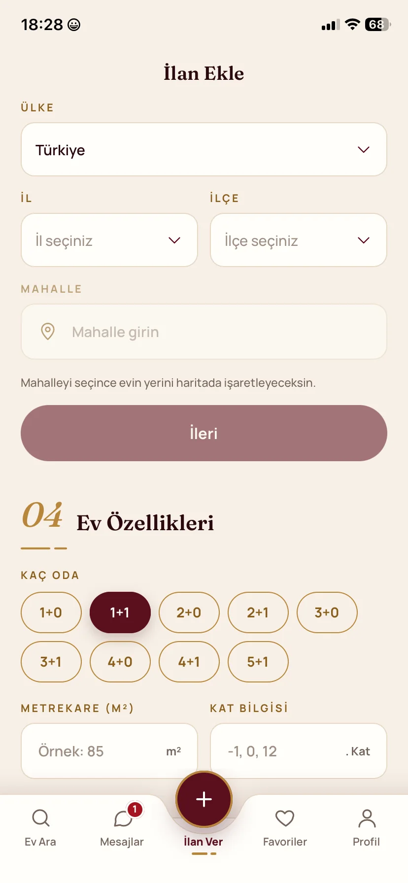 İlan ver ekranı: konum ve ev özellikleri