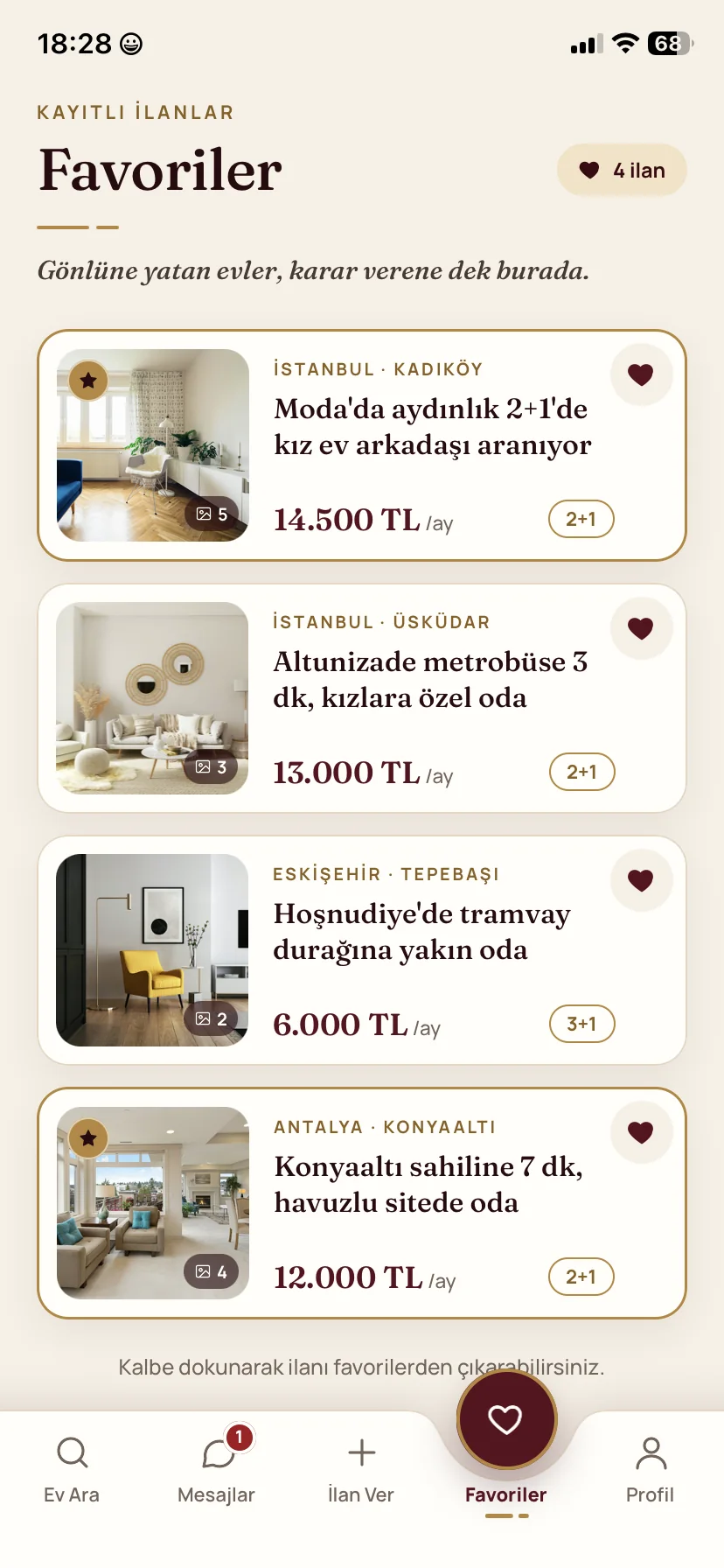 Favoriler ekranı