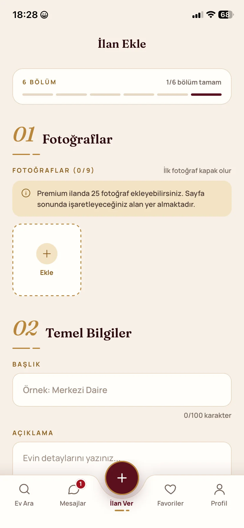 İlan ver ekranı: fotoğraflar ve temel bilgiler
